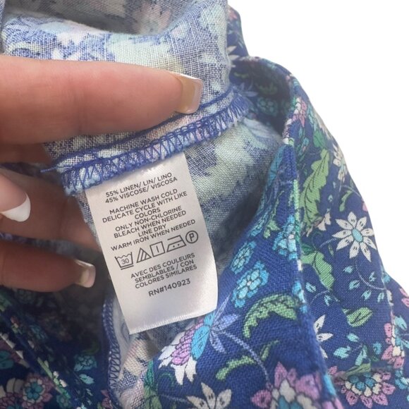 LOFT Floral Wrap Skirt With Ruffle Hem Blue/Green Womens Petite 2P Linen Blend - Picture 4 of 9